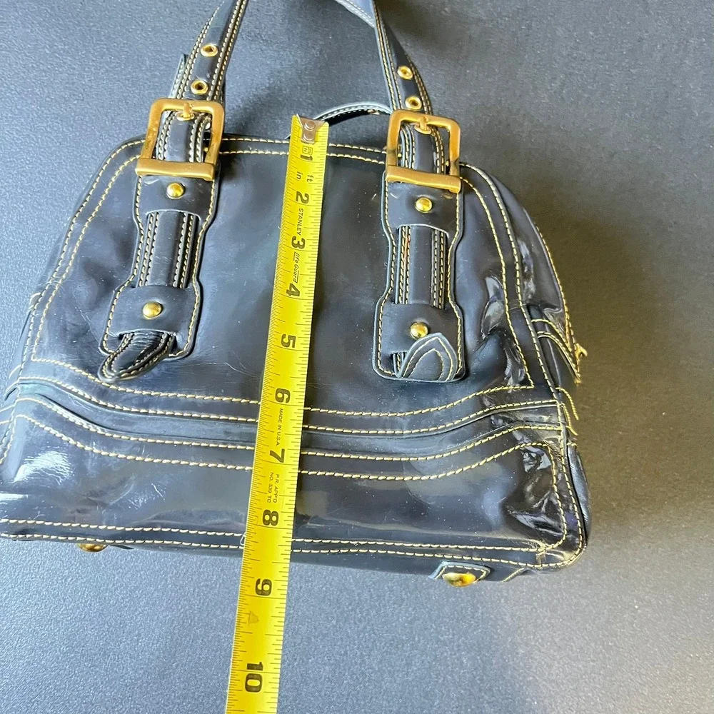 Maxx NY Gray Patent Satchel Handbag Bowler Bag Gold Buckle 90s Y2k Indie Sleaze
